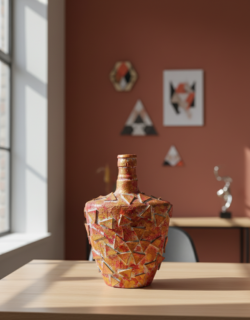 Mosaic Textured Golden-Red Glass Vase