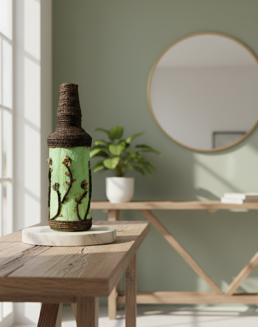 Rustic Green Hand Painted Decorative Glass Vase