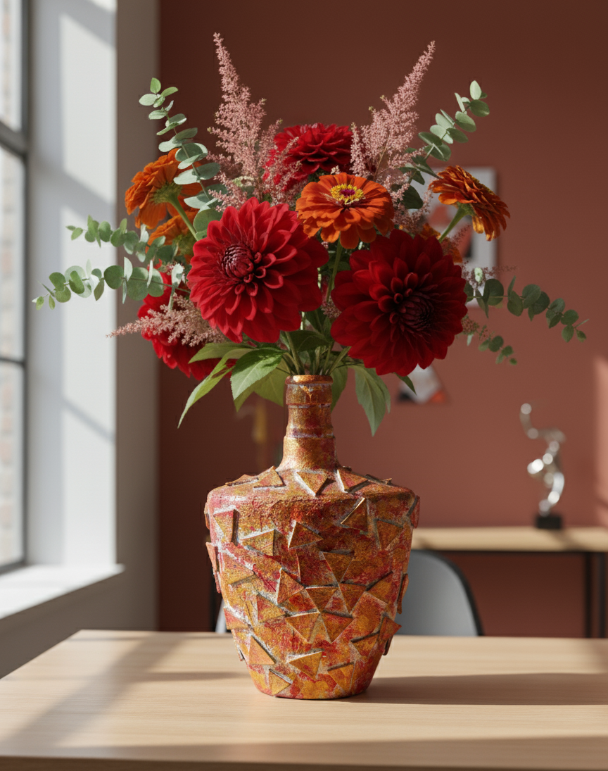 Mosaic Textured Golden-Red Glass Vase